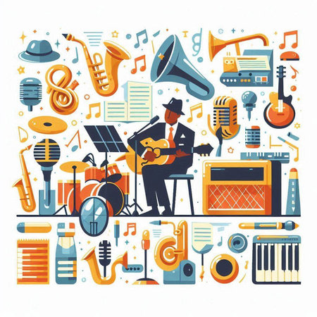 Musical instruments background. Vector illustration in flat style. Music concept.のイラスト素材