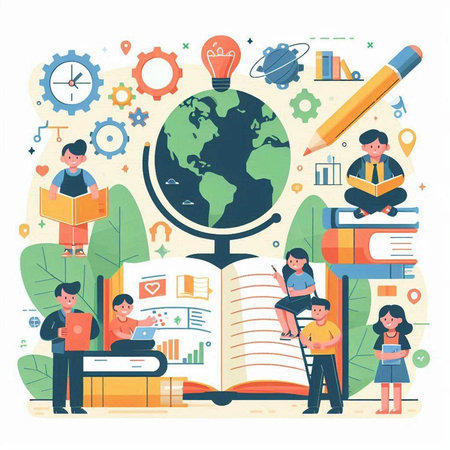 Flat vector illustration of education and learning concept with globe, books, pencils and people.のイラスト素材