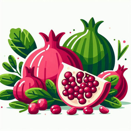 Ripe pomegranate with leaves and seeds. Vector illustration.のイラスト素材