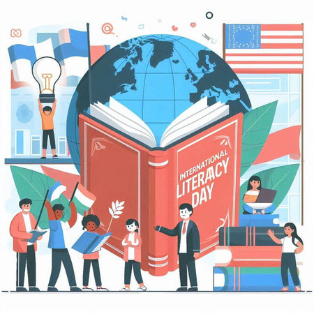 International Literacy Day. Students and teacher with books and globe. Vector illustrationのイラスト素材