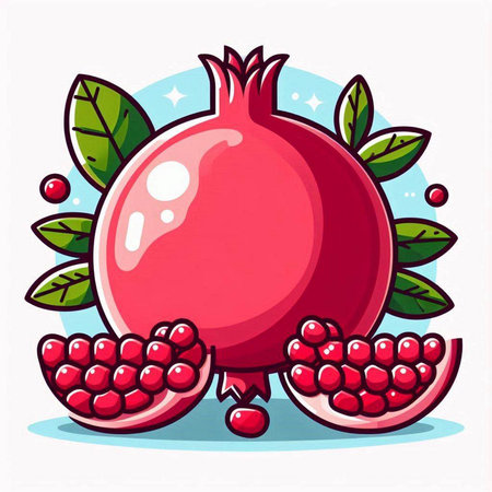 Ripe pomegranate fruit with leaves and seeds. Vector illustration.のイラスト素材