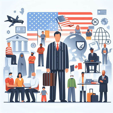 People with USA symbols. Vector illustration in flat cartoon style on white background.のイラスト素材