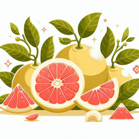 Grapefruit with leaves and fruits on a white background. Vector illustration.のイラスト素材