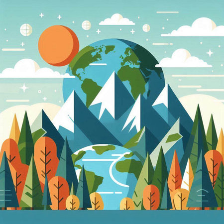 landscape with forest and mountains in flat design style, vector illustrationのイラスト素材