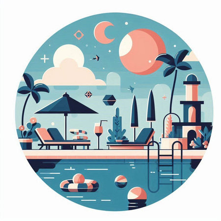 Beach with palm trees, sun loungers, umbrellas, swimming pools and swimming pool. Vector illustrationのイラスト素材