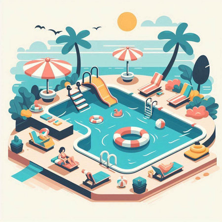 Isometric swimming pool with palm trees and sun loungers. Vector illustrationのイラスト素材