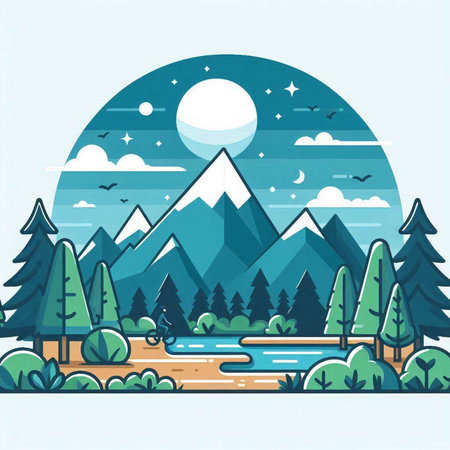 Mountains, forest and river. Vector illustration in flat style.のイラスト素材