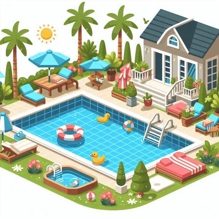 Swimming pool in isometric view. Summer vacation concept. Vector illustrationのイラスト素材