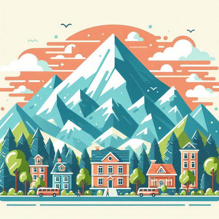 Landscape with mountains, houses and trees. Vector illustration in flat style.のイラスト素材