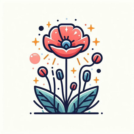 Poppy flower. Hand drawn vector illustration in flat line style.のイラスト素材