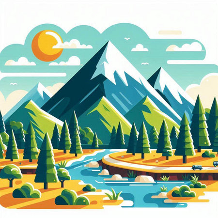 Landscape with mountains, river and forest. Vector illustration in flat styleのイラスト素材