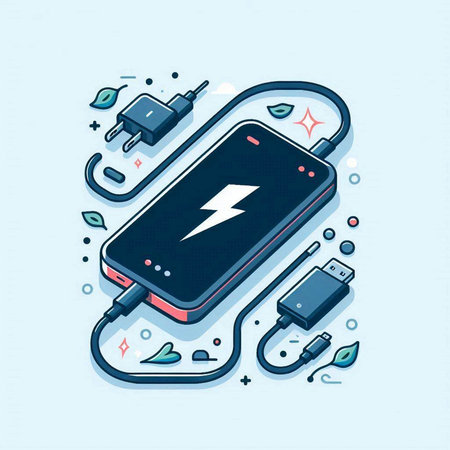 Smartphone charging battery. Vector illustration in flat linear style. Isolated on blue background.のイラスト素材