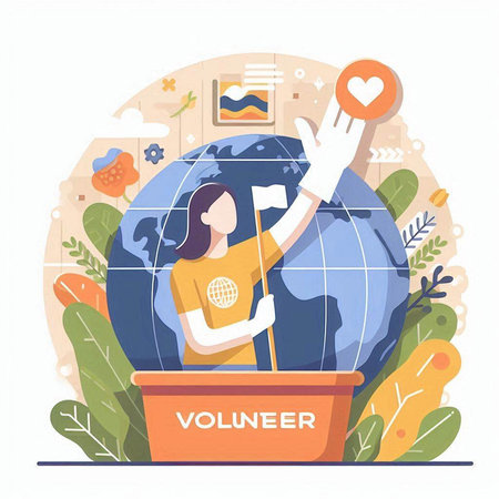 Volunteer or volunteer concept. Flat design vector illustration. Female volunteer holding a flag on the background of the globe.のイラスト素材