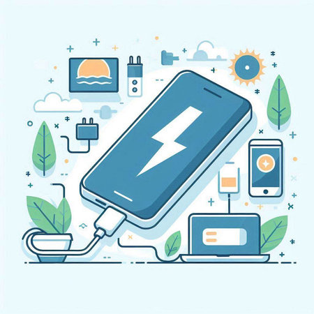 Smartphone charging with power bank on blue background. Vector illustration.のイラスト素材
