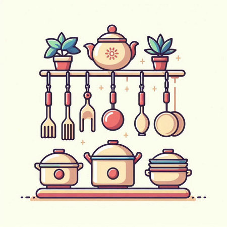 Kitchen utensils and pots. Colorful flat vector illustration.のイラスト素材
