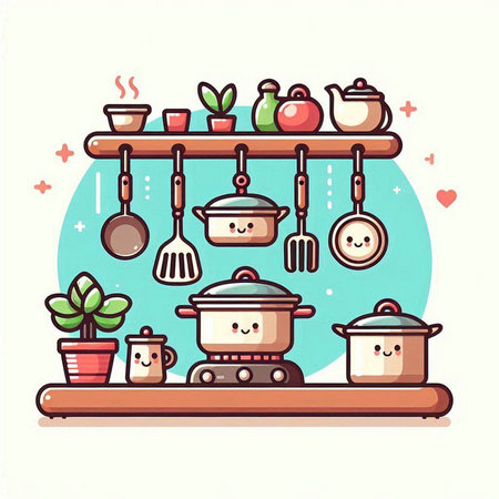 Kitchen utensils on shelf, vector illustration in cartoon styleのイラスト素材