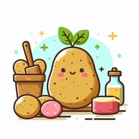 Potato and ingredients. Cute cartoon character. Vector illustration.のイラスト素材