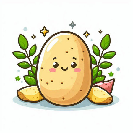 Cute potato character with leaves on white background. Vector illustration.のイラスト素材