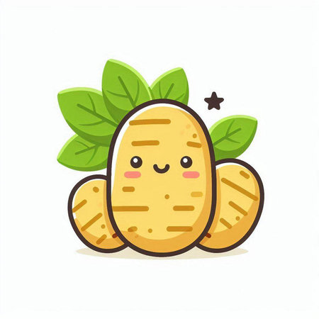 Cute potato character with leaves. Vector flat cartoon illustration icon designのイラスト素材