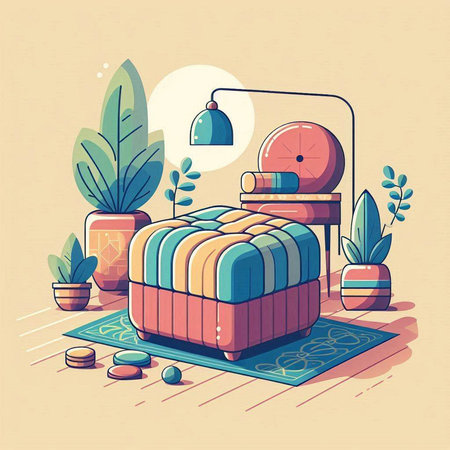 Vector illustration of cozy bedroom interior with bed, pillow, pillows and green plants.のイラスト素材
