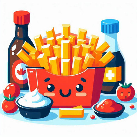 French fries with sauces and ketchup. Vector illustration in cartoon styleのイラスト素材