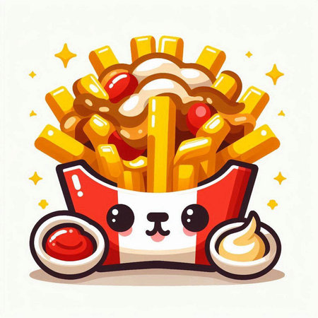 French fries with kawaii face, vector cartoon illustration of fast food characterのイラスト素材