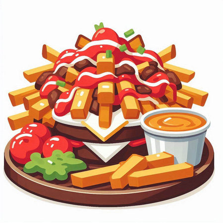 Illustration of french fries with ketchup and mayonnaise.のイラスト素材