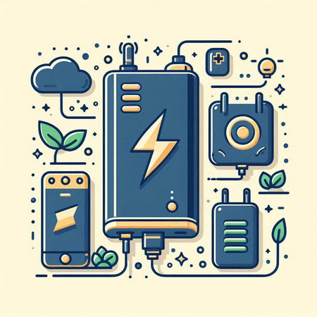 Electrical power supply. Power bank with cable and plug. Vector illustrationのイラスト素材