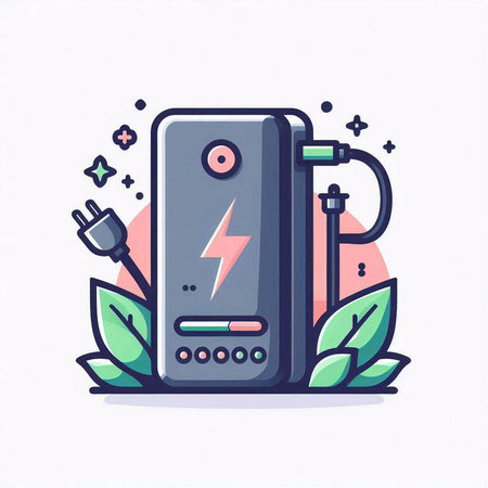 Power bank with charging cable and green leaves. Flat vector illustration.のイラスト素材