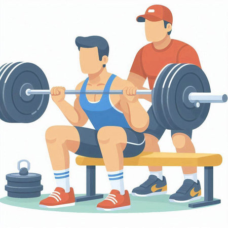 Personal trainer helping man lifting barbell. Vector illustration in cartoon styleのイラスト素材