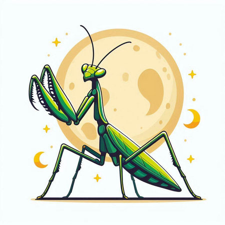 Praying mantis on the background of the moon. Vector illustration.のイラスト素材