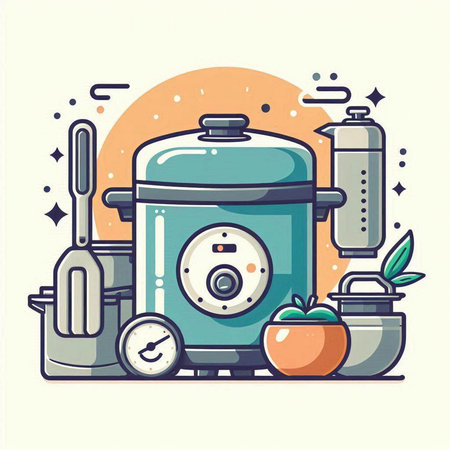 Vector illustration of a green electric juicer with a set of kitchen toolsのイラスト素材