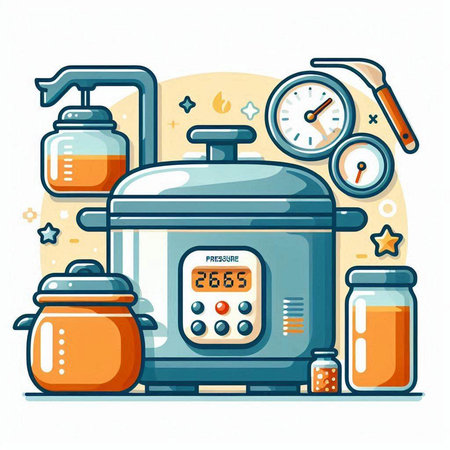 Vector illustration of modern electric multicooker in flat style with kitchen equipment.のイラスト素材