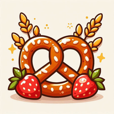 Illustration of a pretzel with a wreath of wheat and strawberriesのイラスト素材
