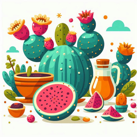 Cactuses, succulents, figs, watermelon. Vector illustrationのイラスト素材