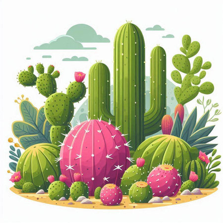 Cactuses and succulents in the desert. Vector illustration.のイラスト素材