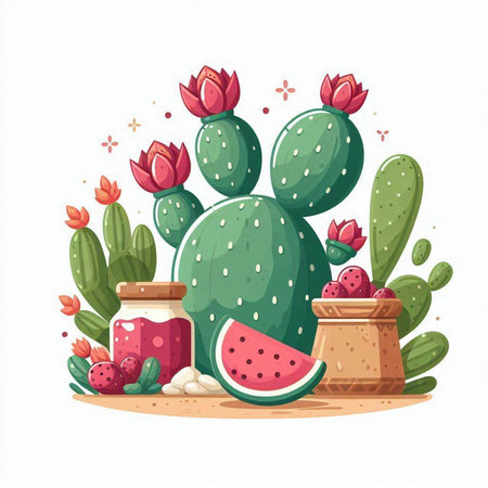 Cactuses, watermelons and strawberries. Vector illustration.のイラスト素材