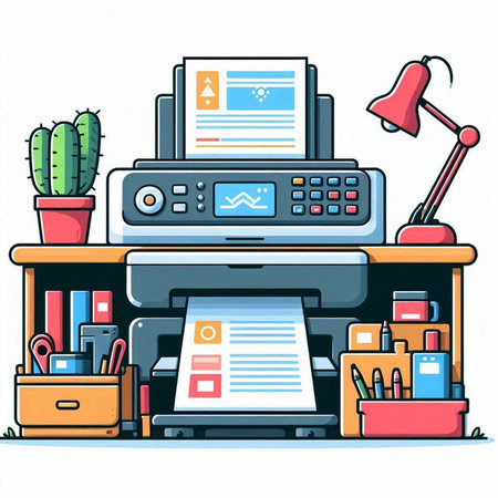Office workplace with printer, supplies and other items. Vector illustration.のイラスト素材