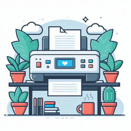 Colorful flat vector illustration of a printer on the background of plantsのイラスト素材