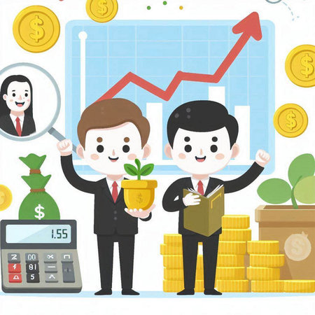 Businessman and businesswoman with growth graph and money. Vector illustration.のイラスト素材