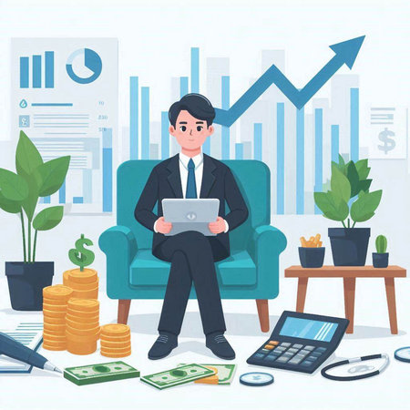 Businessman sitting on the sofa with laptop. Vector illustration in cartoon style.のイラスト素材