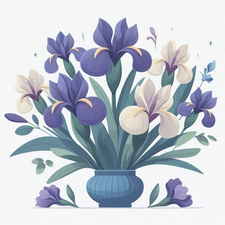 Bouquet of irises in blue vase. Vector illustration.のイラスト素材