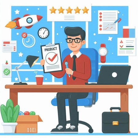 Businessman in office. Businessman sitting at his workplace. Vector illustration in flat styleのイラスト素材