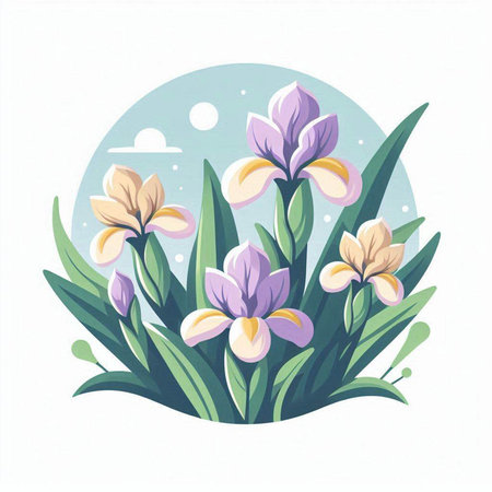 Flowering iris in a round frame. Vector illustration.のイラスト素材