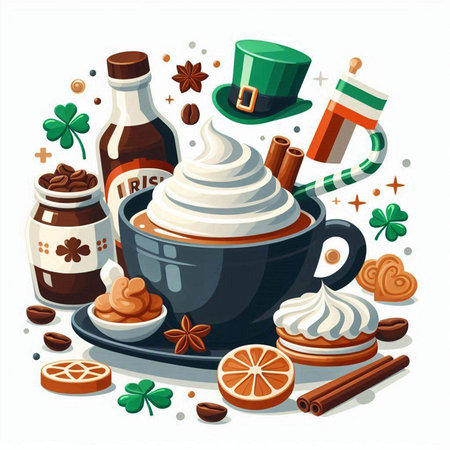 Cup of coffee with whipped cream, mulled wine, gingerbread cookies, leprechaun hat, cinnamon, star anise. St. Patrick's Day vector illustration.のイラスト素材