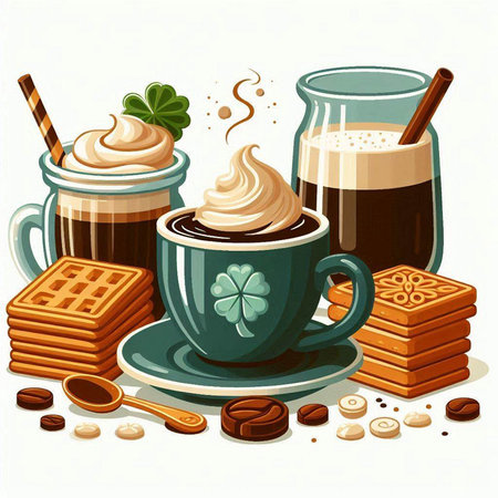 Coffee cup with whipped cream, cookies and chocolate. Vector illustration.のイラスト素材