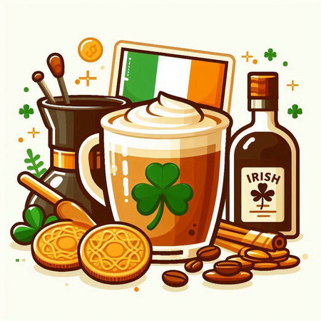 Irish holiday vector illustration. Cappuccino with whipped cream, gingerbread cookies, irish flag, teapot, corkscrew, glass of whiskey and beer.のイラスト素材