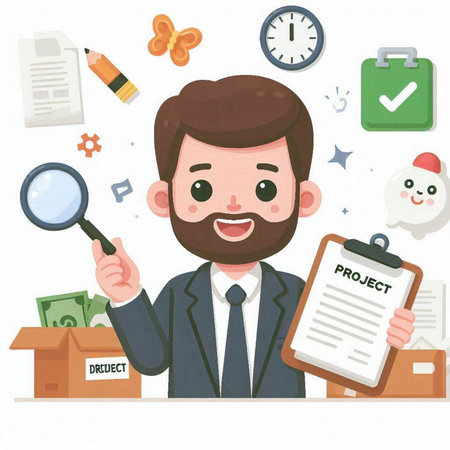 Businessman with magnifying glass and document. Vector illustration in cartoon styleのイラスト素材