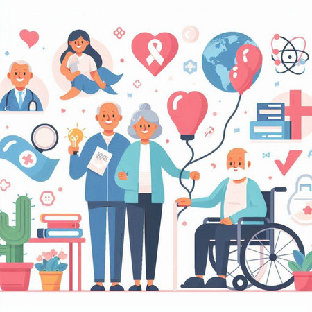 Vector illustration of old man in wheelchair with group of people. Healthcare conceptのイラスト素材