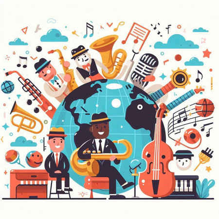 World music day concept. Vector illustration in flat design style with cartoon charactersのイラスト素材